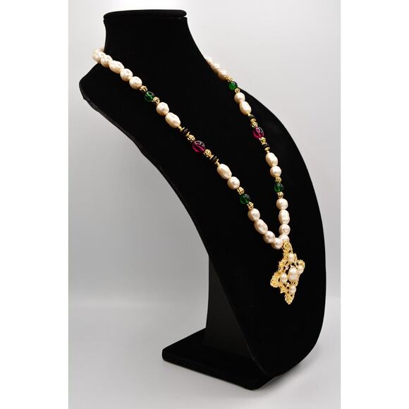 KJL Avon Necklace Maltese Cross Cabochon Pearl Beaded Gold Crystal Signed Bin3B - Picture 4 of 12